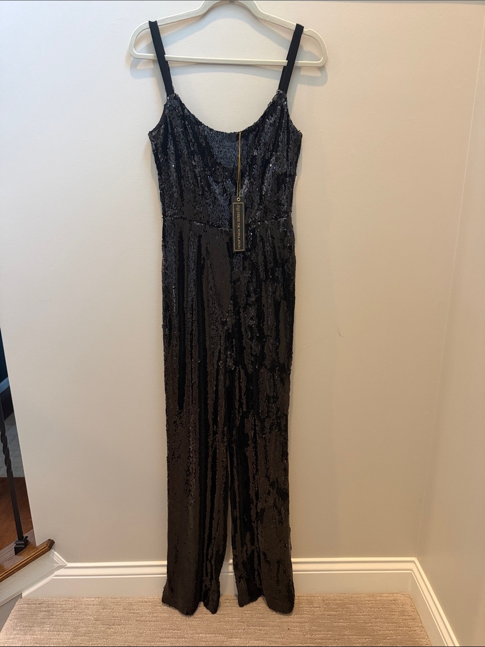 NWT Dress the Population Black Sequin Wide-Leg Jumpsuit with Adjustable Straps